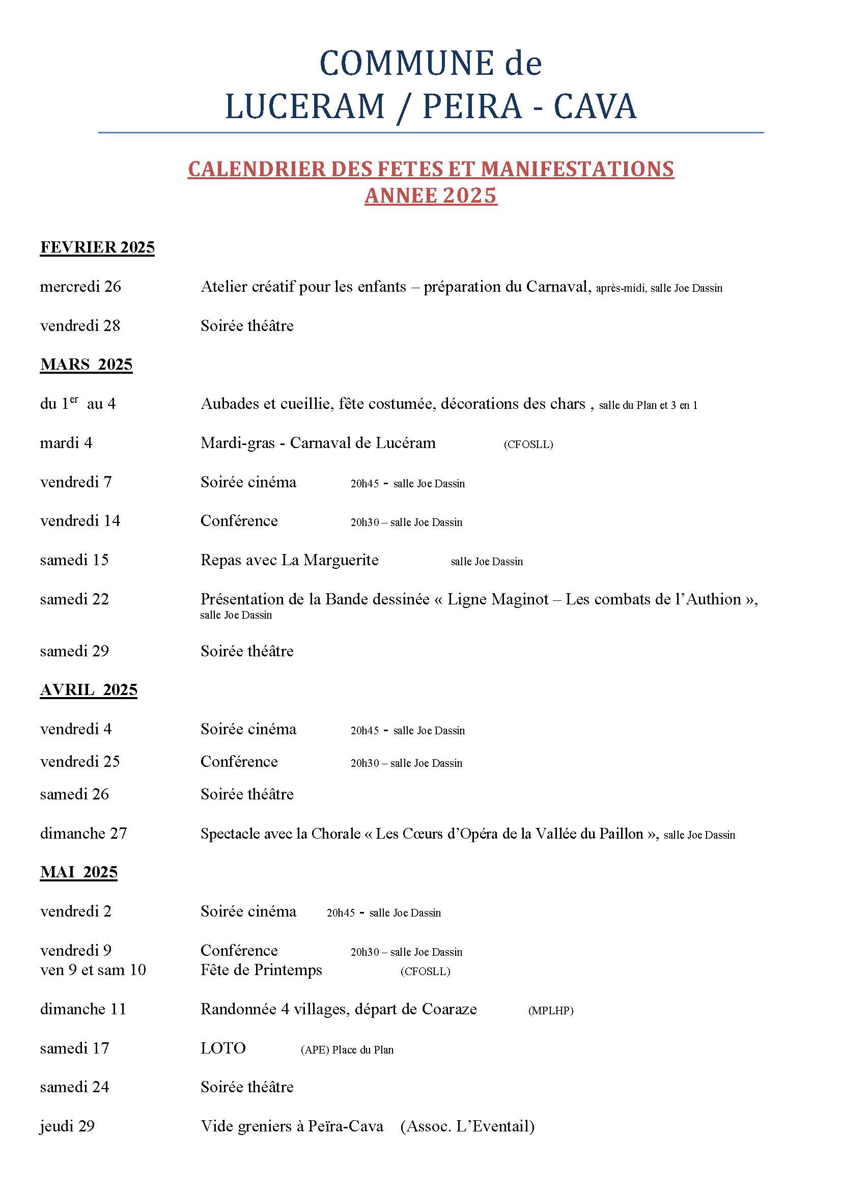 Calendrier des fêtes et manifestations de la commune de Lucéram / Peïra-Cava pour l'année 2025